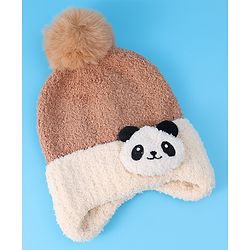 Babyhug Woolen Cap With Pom Pom & Panda Applique - Light Brown