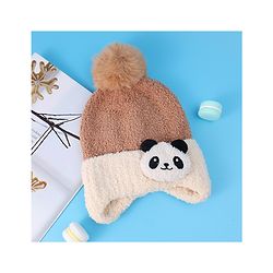 Babyhug Woolen Cap With Pom Pom & Panda Applique - Light Brown
