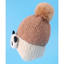 Babyhug Woolen Cap With Pom Pom & Panda Applique - Light Brown