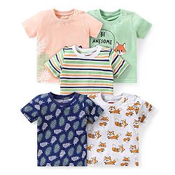 Babyhug Cotton Knit Half Sleeves T-Shirts With Leafy Graphics Pack of 5 - Multicolor