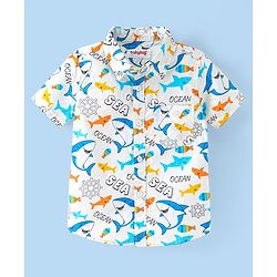 Babyhug Cotton Woven Half Sleeves Shirt With Shark Print - Multicolor