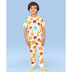 Babyhug Cotton Interlock Half Sleeves Night Suit Fruits Print - White
