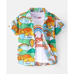 Babyhug Cotton Woven Half Sleeves Sun & Rainbow Printed Shirt with T-Shirt - Multicolour