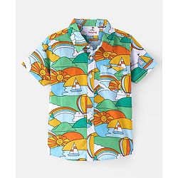 Babyhug Cotton Woven Half Sleeves Sun & Rainbow Printed Shirt with T-Shirt - Multicolour