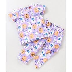 Babyhug Cotton Half Sleeves Night Suit With Milk And Cookie Print - Lavender