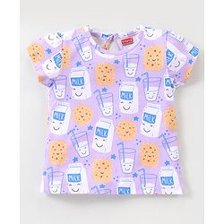 Babyhug Cotton Half Sleeves Night Suit With Milk And Cookie Print - Lavender