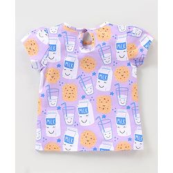 Babyhug Cotton Half Sleeves Night Suit With Milk And Cookie Print - Lavender