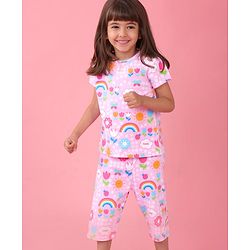 Babyhug Cotton Knit Half Sleeves Capri Night Suit With Floral Print - Pink