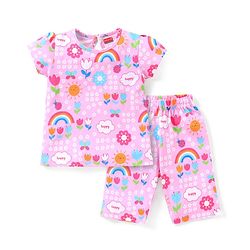 Babyhug Cotton Knit Half Sleeves Capri Night Suit With Floral Print - Pink