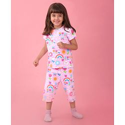 Babyhug Cotton Knit Half Sleeves Capri Night Suit With Floral Print - Pink