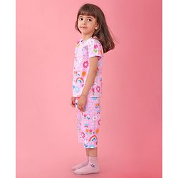 Babyhug Cotton Knit Half Sleeves Capri Night Suit With Floral Print - Pink