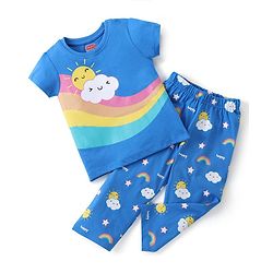 Babyhug Cotton Knit Half Sleeves Night Suit With Rainbow Print - Blue