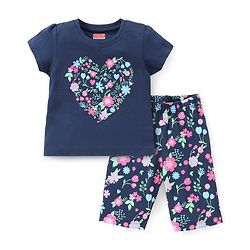 Babyhug Single Jersey Half Sleeves Night Suit Floral Print - Navy Blue
