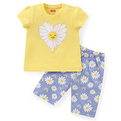 Babyhug Cotton Half Sleeves Capri Night Suit With Floral Print - Yellow