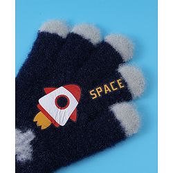 Babyhug Woollen Gloves with Rocket Print - Navy