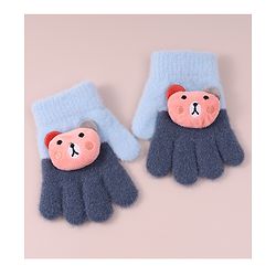 Babyhug Woollen Gloves with Bear Applique - Blue
