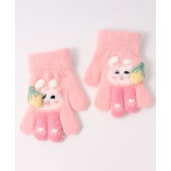 Babyhug Woollen Gloves with Bunny Print - Pink
