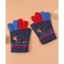 Babyhug Woollen Gloves with Airplane & Star Print - Navy