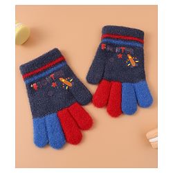 Babyhug Woollen Gloves with Airplane & Star Print - Navy