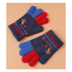 Babyhug Woollen Gloves with Airplane & Star Print - Navy