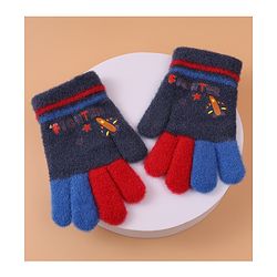 Babyhug Woollen Gloves with Airplane & Star Print - Navy