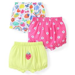 Babyhug 100% Cotton Knit Bloomers with Floral & Strawberry Print Pack of 3 - Multicolour