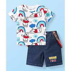 Babyhug Disney Cotton Woven Half Sleeves T-Shirt & Denim Shorts Set With Suspender Winnie The Pooh Print  White & Blue