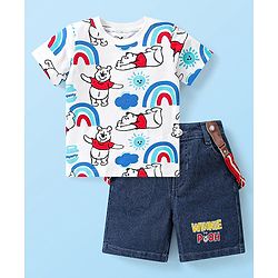 Babyhug Disney Cotton Woven Half Sleeves T-Shirt & Denim Shorts Set With Suspender Winnie The Pooh Print  White & Blue