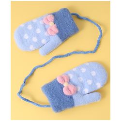 Babyhug Woollen Gloves with Heart Design & Bow Applique - Blue