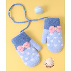 Babyhug Woollen Gloves with Heart Design & Bow Applique - Blue