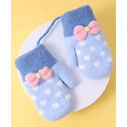Babyhug Woollen Gloves with Heart Design & Bow Applique - Blue