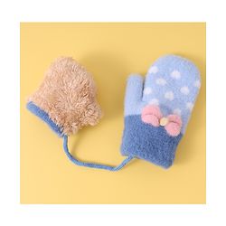 Babyhug Woollen Gloves with Heart Design & Bow Applique - Blue