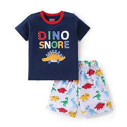 Babyhug Cotton Knit Half Sleeves Night Suit With Dino Print - Navy & White