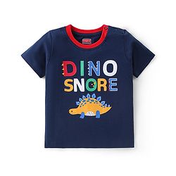 Babyhug Cotton Knit Half Sleeves Night Suit With Dino Print - Navy & White