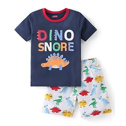 Babyhug Cotton Knit Half Sleeves Night Suit With Dino Print - Navy & White