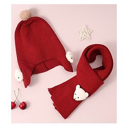 Babyhug Woollen Cap & Muffler Set with Bear Applique - Maroon