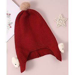 Babyhug Woollen Cap & Muffler Set with Bear Applique - Maroon