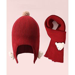 Babyhug Woollen Cap & Muffler Set with Bear Applique - Maroon