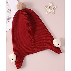 Babyhug Woollen Cap & Muffler Set with Bear Applique - Maroon
