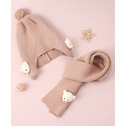 Babyhug Woollen Cap & Muffler Set with Bear Applique - Maroon