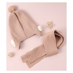 Babyhug Woollen Cap & Muffler Set with Bear Applique - Maroon