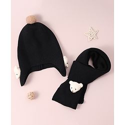 Babyhug Woollen Cap & Muffler Set with Bear Applique - Maroon