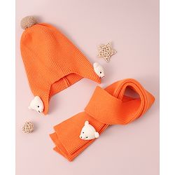 Babyhug Woollen Cap & Muffler Set with Bear Applique -Orange