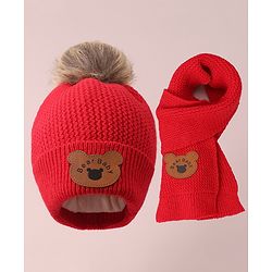Babyhug Woollen Cap & Scarf with Bear Patch & Pom Pom - Red