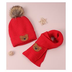 Babyhug Woollen Cap & Scarf with Bear Patch & Pom Pom - Red
