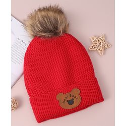 Babyhug Woollen Cap & Scarf with Bear Patch & Pom Pom - Red