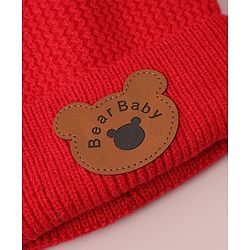 Babyhug Woollen Cap & Scarf with Bear Patch & Pom Pom - Red