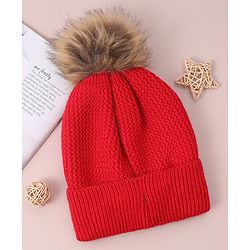 Babyhug Woollen Cap & Scarf with Bear Patch & Pom Pom - Red