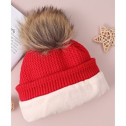 Babyhug Woollen Cap & Scarf with Bear Patch & Pom Pom - Red