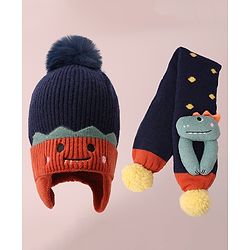 Babyhug Woolen Cap & Muffler Set with Pom Pom - Dark Blue